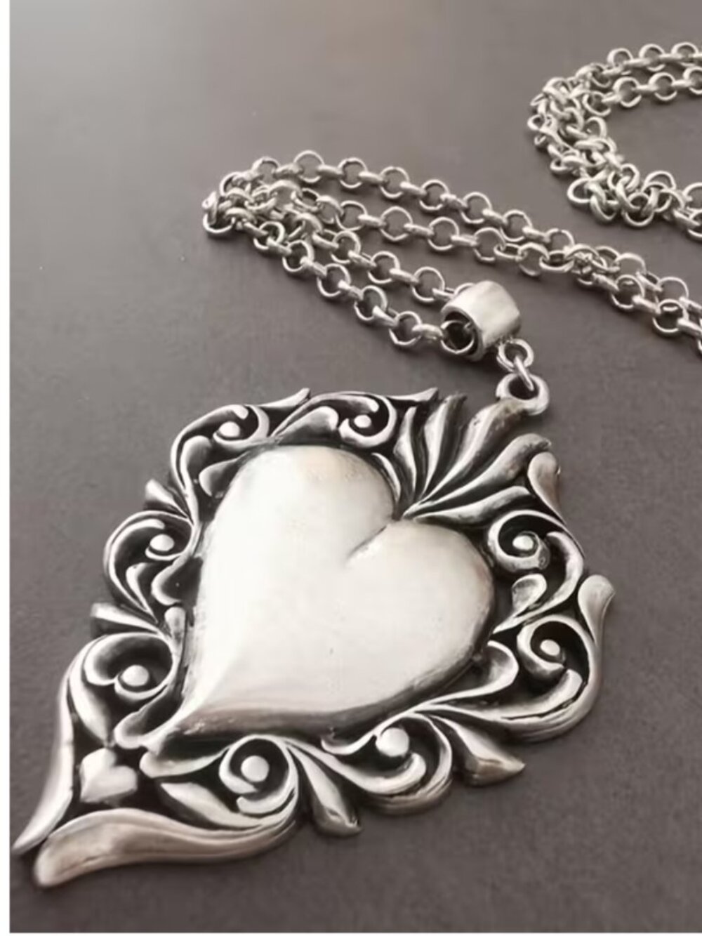 Bohemian Sacred Heart Pendant Necklace Artisan Edge Scrollwork Rollo Chain